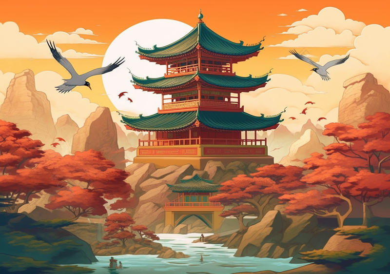 中国风传统建筑古建筑山水国潮风插画背景,插画/手绘图,插画/手绘图库,插画/手绘图下载,插画/手绘